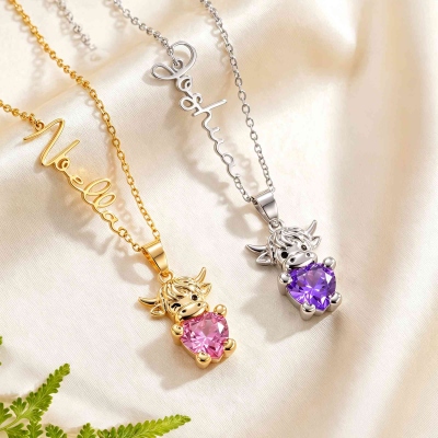 Personalized Sideways Name Highland Cow Necklace with Heart Birthstone, Sterling Silver 925 Dainty Necklace, Birthday Gift for Her/Girls/Daughters