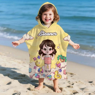 Personalized Cute Cartoon Character Hooded Beach Towel with Name, Soft Quick Dry Poncho Towel, Summer Beach Party Favor, Travel Gift for Kids