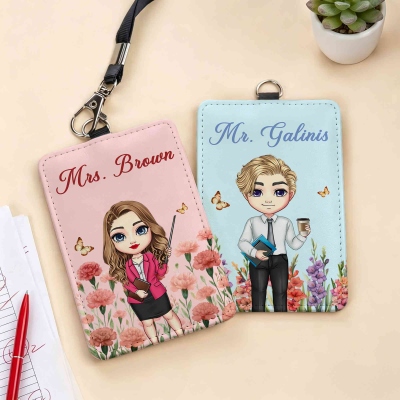 Personalized Birth Flower Cartoon ID Card Badge Holder with Name, PU Leather Card Holder, Back to School/Teacher's Day Gift for Teachers/Educators