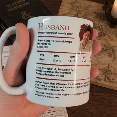 Custom DND Husband Wife Stat Block Ceramic Mug, Personalized Photo TTRPG Character Sheet Coffee Cup, DND Sentimental Gift for D&D Player Spouse Couple