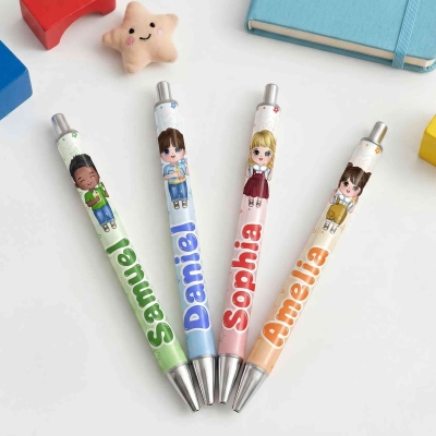 Personalized Multicolor Cartoon Character Clip Art Pen with Name, School Supply, Daily Use, Back to School/Birthday Gift for Students/Kids/Teens