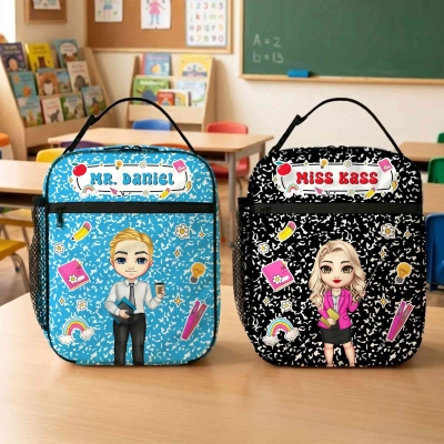 Personalized Text Cartoon Teacher Character Insulated Lunch Bag with Handle & Side Pocket, Back to School/Appreciation Gift for Teachers/Educators