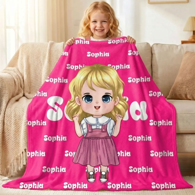 Personalized Multicolor Cartoon Kid Character Blanket with Name, Flannel/Sherpa Soft Bed Couch Throw, Home Decor, Birthday Gift for Kids/Boys/Girls