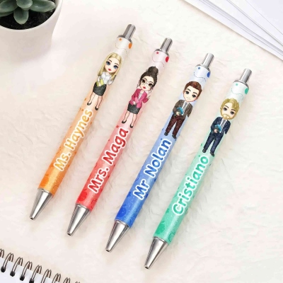 Personalized Colorful Teacher Cartoon Character Ballpoint Pen with Name, School Supplies, Daily Use, Back to School/Birthday Gift for Teachers