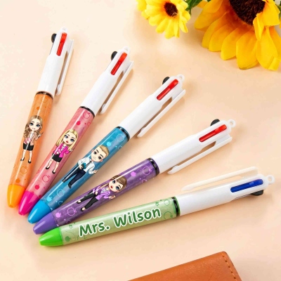 Personalized Glitter Cartoon Teacher Character 3-in-1 Ballpoint Pen with Text, Daily Writing, Back to School/Birthday Gift for Teachers/Educators
