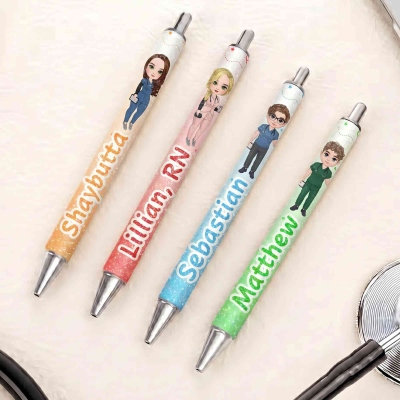 Personalized Cartoon Nurse Multicolor Retractable Ballpoint Pen with Name, Daily Writing, Appreciation/Birthday/End of Year Gift for Medical Staffs