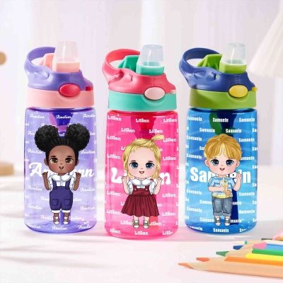 Personalized Cute Cartoon Kid Name Water Bottle with Handle and Straw, 16oz Food-Grade Children's Cup, Back to School/Birthday Gift for Students/Kids