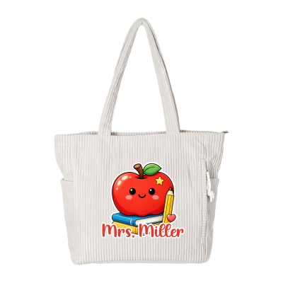 Sac fourre-tout en velours côtelé personnalisé avec nom d'enseignant, grand sac à main zippé avec poches, cadeau de rentrée scolaire/de remerciement pour les enseignants