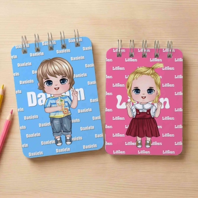 Personalized Cute Cartoon Character Kid Notebook with Name, A7 Spiral Notebook, Daily Use, Birthday/Back to School Gift for Kids/Boys/Girls/Students