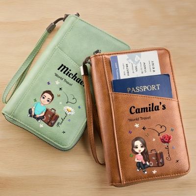 Personalized Birth Flower Cartoon Character PU Leather Passport Holder Wallet with Name, Business Travel Essential, Birthday Gift for Family/Friends