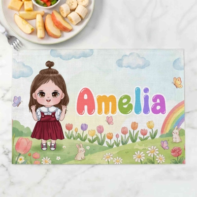 Personalized Cute Cartoon Character Sky Grassland Rectangle Placemat with Name, Dining Decor, Daily Use, Back to School/Birthday Gift for Kids