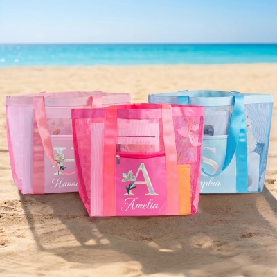 Personalized Name Mother of Pearl Effect Initial Birth Flower Mesh Beach Tote Bag, Pool Party Bag, Birthday/Vacation Gift for Her/Mom/Women/Girls
