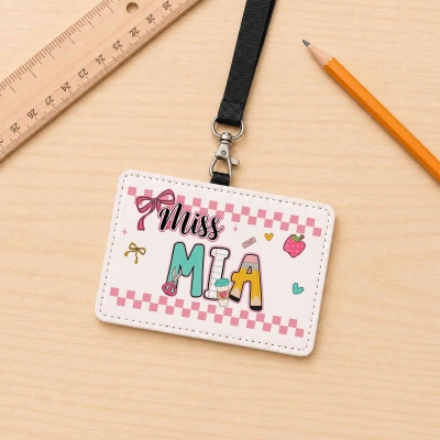 Personalisierter Apple Notebook Pencil Bow Lehrerausweishalter mit Lanyard, Kartenetui aus PU-Leder, Dankeschön-/Schulanfangsgeschenk für Lehrer