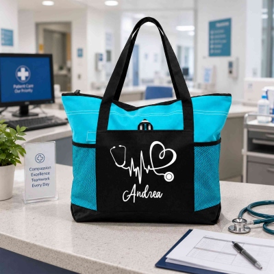 Custom Name Medical Symbol Tote Bag, Large Capacity Zippered Handbag with Mesh Pockets, Birthday/Appreciation Gift for Nurses/Doctors/Medical Students