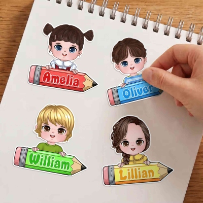 Personalized Cartoon Kid Character Pencil Waterproof Sticker Label with Name, School Supplies, Back to School/Birthday Gift for Kids/Boys/Girls