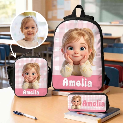 Custom Name & Photo 3D Cartoon Character Checkered Backpack with Pencil Case & Lunch Bag, Children's School Bag Set, Back to School Gift for Kids