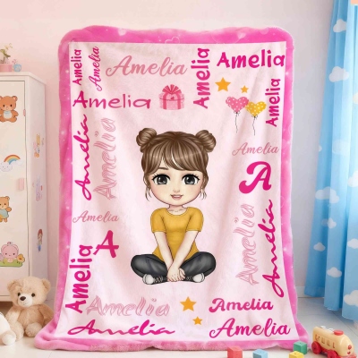 Personalized Multicolor Cartoon Character Soft Throw Blanket with Names and Initial, Home Decor, Birthday Gift for Kids/Boys/Girls