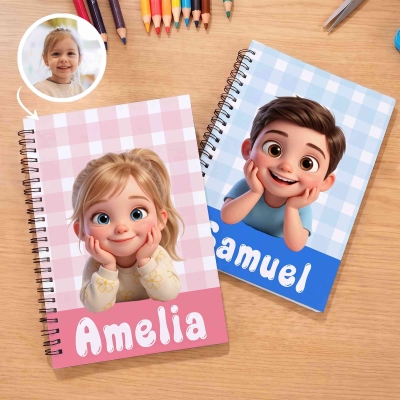 Personalized Name & Photo 3D Cartoon Character Checkered Notebook, Softcover A5 Spiral Journal, Back to School/Birthday Gift for Kids/Students