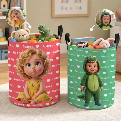 Personalized Name & Photo 3D Cartoon Character Hearts Storage Basket with Handles, Waterproof Large Capacity Toy Laundry Basket, Gift for Kids/Family