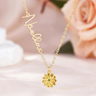 Personalized Birthstone Birth Flower Necklace with Sideways Name, Sterling Silver 925 Dainty Jewelry, Birthday/Mother's Day Gift for Her/Mom/Grandma