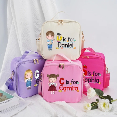 Personalized Cute Cartoon Character Insulated Lunch Bag with Name and Letter Back to School Picnic Birthday Gift for Kids