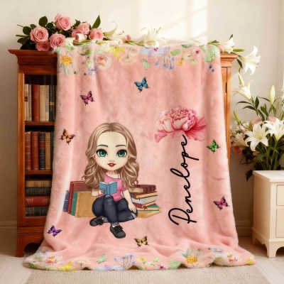 Personalized Reading Cartoon Character Birth Flower Soft Throw Blanket with Name Home Decor Birthday Christmas Gift for Book Lover Bookworm