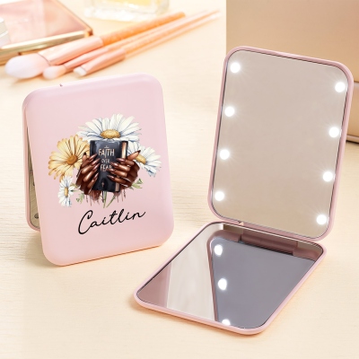 Custom Name Birth Flower Black Woman Manicure Bible LED Makeup Mirror, 1x/2x Magnifying Dual Compact Mirror, Gift for Her/Mom/Besties/Bridesmaids
