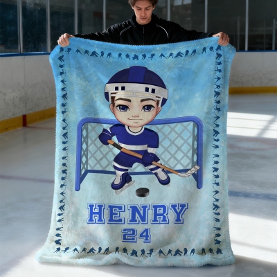 Personalized Cartoon Character Soft Throw Blanket with Name and Number Home Decor Game Team Birthday Gift for Ice Hockey Players Lovers