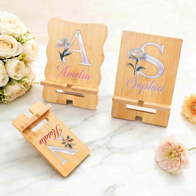 Personalized Name Mother of Pearl Effect Initial Birth Flower Bamboo Phone Stand, Tablet Game Console Holder, Birthday Gift for Family/Friends/Women