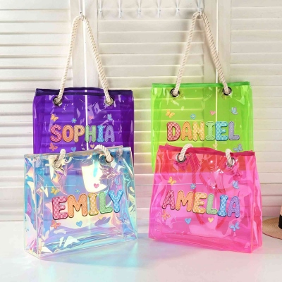 Personalized Name Colorful Painted Letter Neon Color Tote Bag, Clear PVC Beach Bag with Rope Handles, Birthday/Wedding Gift for Her/Bridesmaids/Women