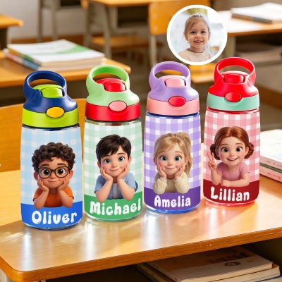 Custom Name & Photo 3D Cartoon Character Checkered Water Bottle, 12oz/16oz Tumbler with Straw & Lid, Birthday/Back to School Gift for Kids/Boys/Girls