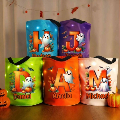 Personalized Name Spooky Ghost & Pumpkin Alphabet LED Light Trick or Treat Bucket Bag with Handle, Light-Up Candy Basket, Halloween Gift for Kids