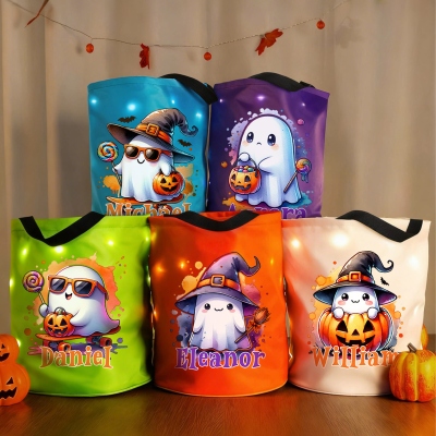 Personalized Name Cartoon Spooky Ghost LED Light Trick or Treat Bucket Bag with Handle, Light-Up Candy Basket, Halloween Gift for Kids/Boys/Girls
