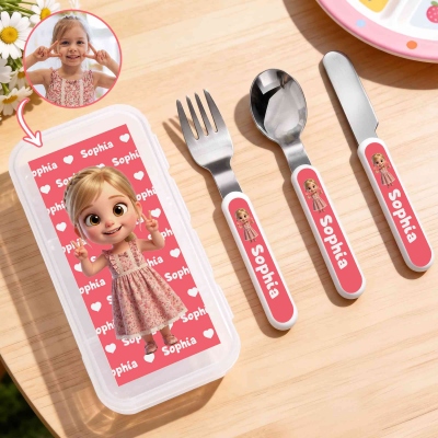 Personalized Name & Photo 3D Cartoon Character Hearts Cutlery Set with Box, Food Grade Stainless Steel Knife, Fork & Spoon Set, Birthday Gift for Kids