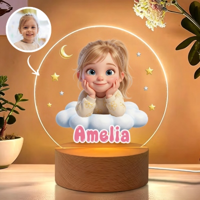 Custom Name & Photo 3D Cartoon Character Starry Cloud LED Night Light, Acrylic Night Lamp with Wooden Base, Birthday/Children’s Day Gift for Kids