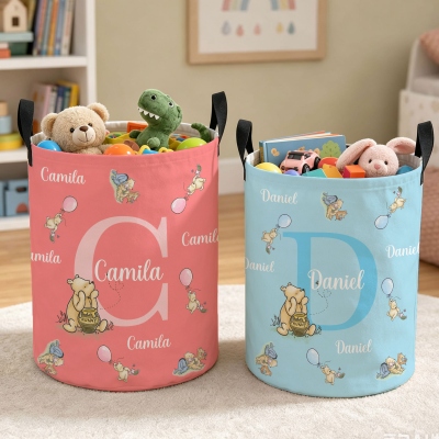 Custom Name Classic Winnie the Pooh Balloon Alphabet Storage Basket with Handles, Large Capacity Toy Laundry Basket, Nursery Decor, Gift for Kids