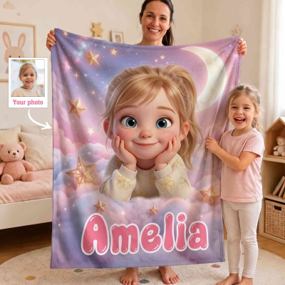 Custom Name & Photo 3D Cartoon Character Starry Sky/Seaside/Forest Blanket, Flannel/Sherpa Bed Couch Throw, Birthday/Children’s Day Gift for Kids