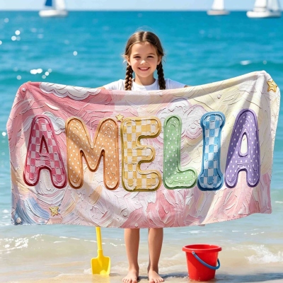 Personalized Name Colorful Oil Painting Letters Beach Towel, Microfiber Quick Dry Pool Towel, Summer Vacation Party Favor, Gift for Kids/Friends/Women
