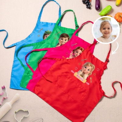 Personalized Name & Photo 3D Cartoon Character Child's Apron Set, Chef Hat & Adjustable Apron with Pocket, Birthday/Christmas Gift for Kids/Boys/Girls