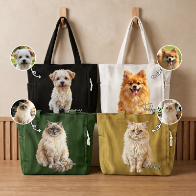 Custom Name & Photo Oil Painting Pet Portrait Corduroy Tote Bag, Large Capacity Zippered Handbag with Pockets, Birthday/Memorial Gift for Pet Parents