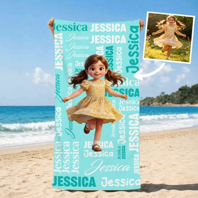 Personalized Photo to Cartoon Word Cloud Quick-Dry Beach Towel with Name, Microfiber Oversized Pool Towel, Summer/Travel/Birthday Gift for Kids/Family
