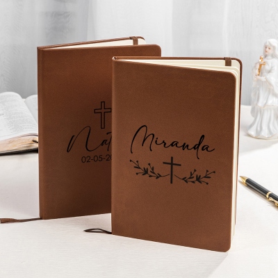 Personalized Name Cross Notebook, Vegan Leather Christian A5 Prayer Journal, Notebook for Bible Study, Birthday/Baptism Gift for Family/Friends