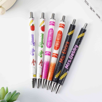 Personalized Name Pencil Crayon Apple Design Glitter Gel Pens (Set of 2), Retractable Ballpoint Pens, Back to School/Appreciation Gift for Teachers