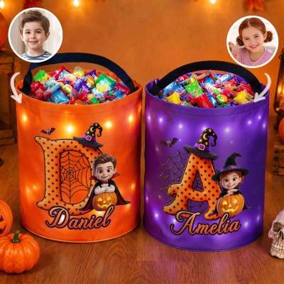 Custom Name & Photo 3D Cartoon Halloween Character Spider Web Alphabet LED Light Bucket Bag, Trick or Treat Candy Basket, Halloween Gift for Kids