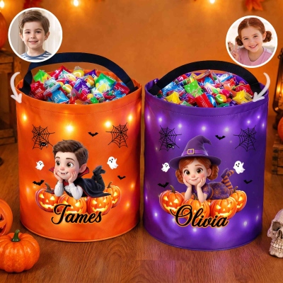 Personalized Name & Photo 3D Cartoon Halloween Character LED Light Bucket Bag with Handle, Trick or Treat Candy Basket, Halloween Gift for Kids/Teens
