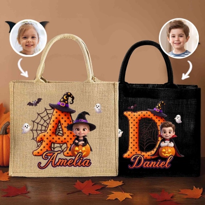 Custom Name & Photo 3D Cartoon Halloween Character Spider Web Alphabet Tote Bag, Jute/Linen Trick or Treat Handbag, Halloween Gift for Kids/Teens