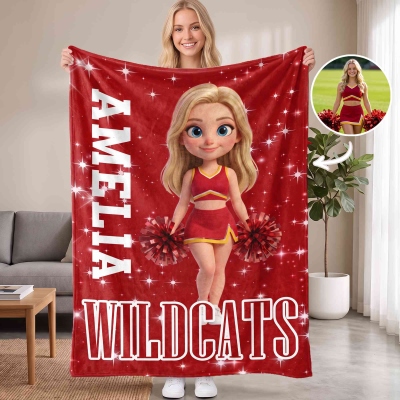 Personalized Photo 3D Cartoon Cheerleading Girl Glitter Blanket with Name, Flannel/Sherpa Bed Couch Throw, Home Decor, Gift for Cheerleaders/Teammates