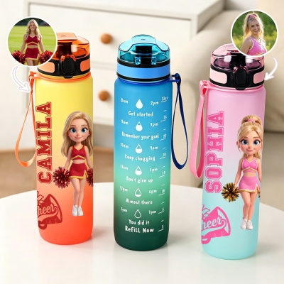 Personalized Name & Photo 3D Cartoon Cheerleading Girl Gradient Water Tracker Bottle, 32oz Sports Cup with Flip Lid, Gift for Cheerleaders/Teammates