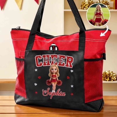 Personalized Name & Photo 3D Cartoon Cheerleading Girl Tote Bag, Large Capacity Zippered Handbag with Mesh Pockets, Gift for Cheerleaders/Teammates