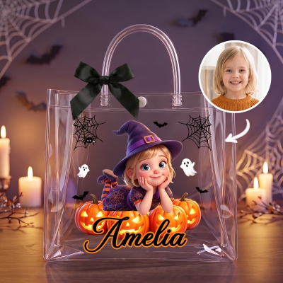 Personalized Name & Photo 3D Cartoon Halloween Character Gift Bag with Black Bow Ribbon, PVC Clear Trick or Treat Handbag, Halloween Gift for Kids